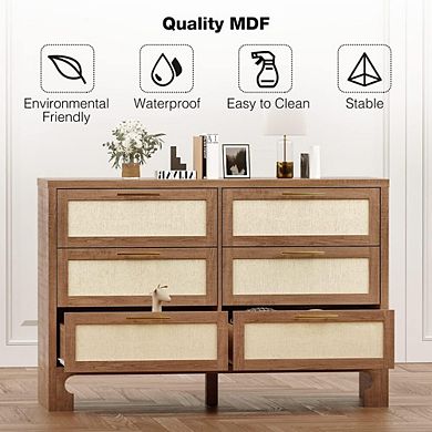 6 Drawer Dresser with Burlap Design and Gold Metal Handles