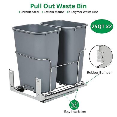 2×25 QT Dual Pull Out Trash Can Under Cabinet,Garbage Waste Recyling Bin with Full Extension Slides