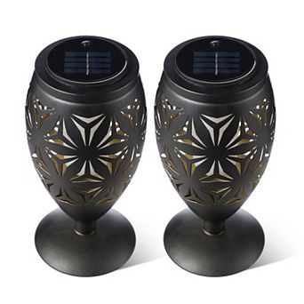 Glitzhome 8.75"H Set of 2 Black Metal Cutout Geometric Pattern Solar Powered Outdoor Lantern