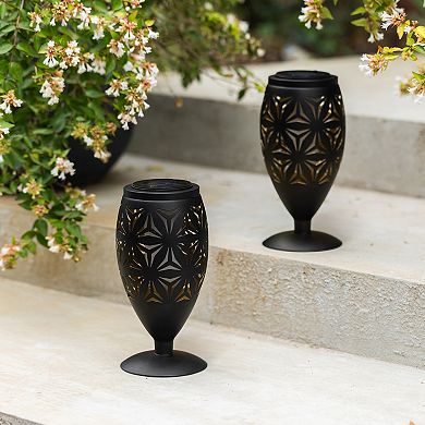 Glitzhome 8.75"H Set of 2 Black Metal Cutout Geometric Pattern Solar Powered Outdoor Lantern