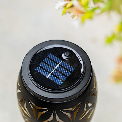 Glitzhome 8.75"H Set of 2 Black Metal Cutout Geometric Pattern Solar Powered Outdoor Lantern