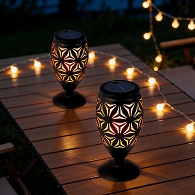 Glitzhome 8.75"H Set of 2 Black Metal Cutout Geometric Pattern Solar Powered Outdoor Lantern