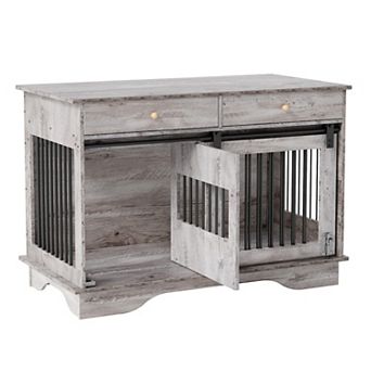 47'' Dog Crate Furniture with Barn Door,Dog Kennel Indoor with 2 Doors, Wooden Pet Cage, End Table