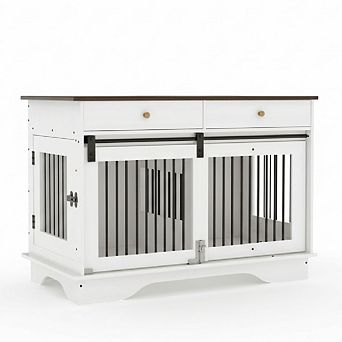 47'' Dog Crate Furniture with Barn Door,Dog Kennel Indoor with 2 Doors, Wooden Pet Cage, End Table