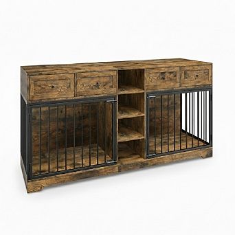 82" Large Dog Crate for 2 Dogs, Dog Kennel Indoor w/4 Drawers and Shelves,Double Dog Crate Furniture