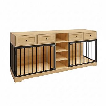 82" Large Dog Crate for 2 Dogs, Dog Kennel Indoor w/4 Drawers and Shelves,Double Dog Crate Furniture