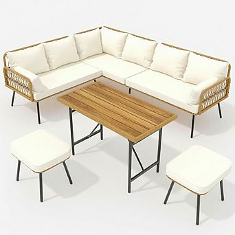 6 pc Wicker Patio Conversation Set with Table, Outdoor L-Shaped Sectional Sofa Set with Cushions