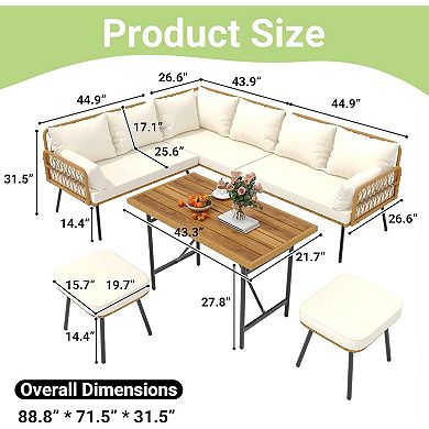 6 Pieces Wicker Patio Conversation Set with Table, Outdoor L-Shaped Sectional Sofa Set with Cushions