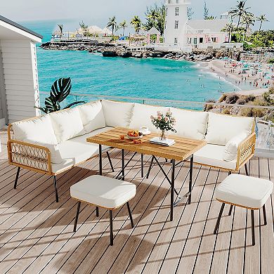 6 Pieces Wicker Patio Conversation Set with Table, Outdoor L-Shaped Sectional Sofa Set with Cushions