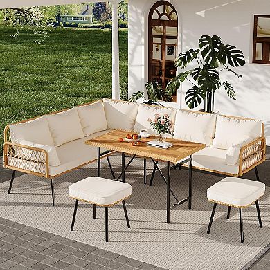 6 Pieces Wicker Patio Conversation Set with Table, Outdoor L-Shaped Sectional Sofa Set with Cushions
