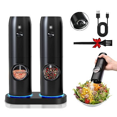 Rechargeable Electric Salt & Pepper Grinder Set with Charging Base, LED & Adjustable Coarseness