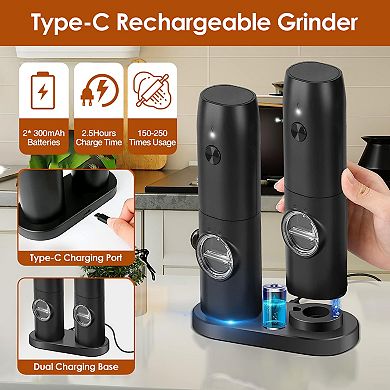 Rechargeable Electric Salt & Pepper Grinder Set with Charging Base, LED & Adjustable Coarseness