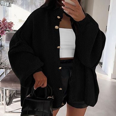 Women's Casual Stand Collar Batwing Sleeve Cardigan Lightweight Knit Versatile Daily Top