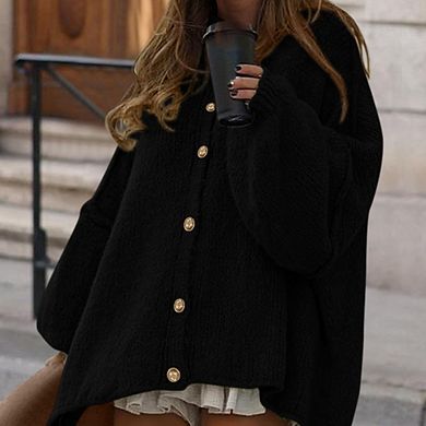 Women's Casual Stand Collar Batwing Sleeve Cardigan Lightweight Knit Versatile Daily Top