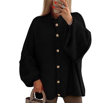 Women's Casual Stand Collar Batwing Sleeve Cardigan Lightweight Knit Versatile Daily Top