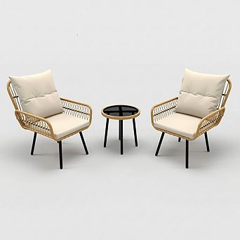 3 pc Patio Bistro Set, Outdoor Wicker Conversation Set w/Glass Top Coffee Table& Cushioned Chair