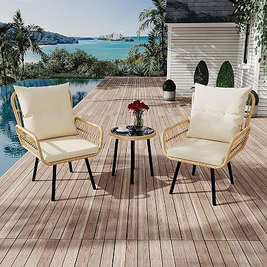 3 Piece Patio Bistro Set, Outdoor Wicker Conversation Set w/Glass Top Coffee Table& Cushioned Chair