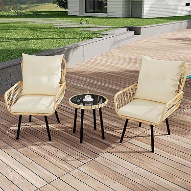 3 Piece Patio Bistro Set, Outdoor Wicker Conversation Set w/Glass Top Coffee Table& Cushioned Chair