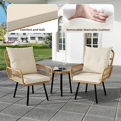 3 Piece Patio Bistro Set, Outdoor Wicker Conversation Set w/Glass Top Coffee Table& Cushioned Chair