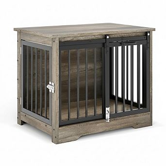 32" Dog Crate Furniture w/Barn Door for Small Medium Dogs, Heavy Duty Indoor Pet Cage Side End Table