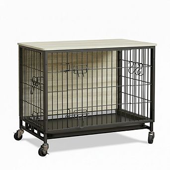Enhanced Dog Crate Furniture, Indoor Kennel w/Double Doors, Wheels& Pull-Out Tray, Modern End Table