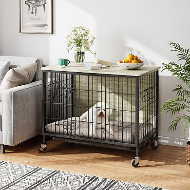 Enhanced Dog Crate Furniture, Indoor Kennel w/Double Doors, Wheels& Pull-Out Tray, Modern End Table