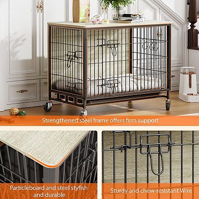 Enhanced Dog Crate Furniture, Indoor Kennel w/Double Doors, Wheels& Pull-Out Tray, Modern End Table
