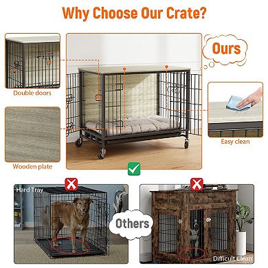 Enhanced Dog Crate Furniture, Indoor Kennel w/Double Doors, Wheels& Pull-Out Tray, Modern End Table