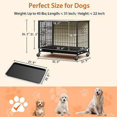 Enhanced Dog Crate Furniture, Indoor Kennel w/Double Doors, Wheels& Pull-Out Tray, Modern End Table