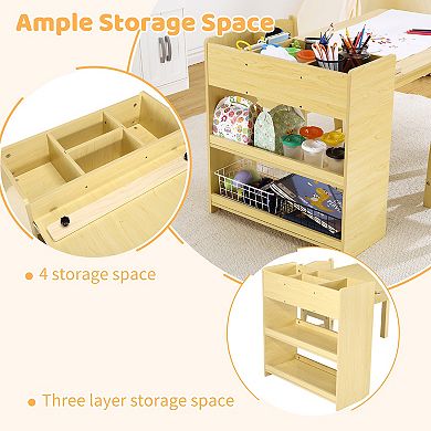 Toddler Craft Play Wood Activity Desk Kids Art Table with Large Storage Shelves for Writing Drawing