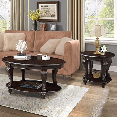 Solid Wood Round End Table with Shelf Sofa Side Table