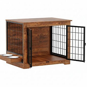37.2 inch Dog Crate Furniture, Dog Kennel Indoor w/360° Rotating Feeder& 2 Doors, Wooden Dogs Cage