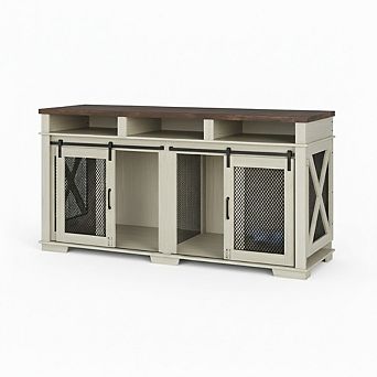 71" Double Dog Crate Furniture,Furniture-Style Kennel w/Removable Divider,Sliding Barn Door&Drawers