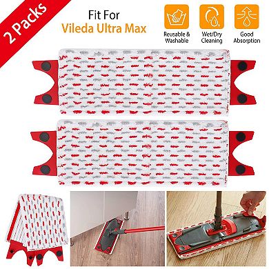 2-Pack Fiber Floor Mop Pads for Vileda Ultra Max, Washable Replacement Heads for Wet & Dry Floor Cle