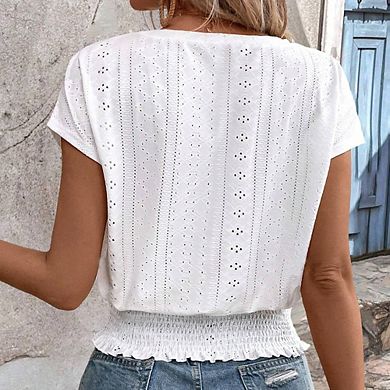 Women's Summer T-Shirt Casual Eyelet-Pattern Short-Sleeve Blouse Round Neck Top