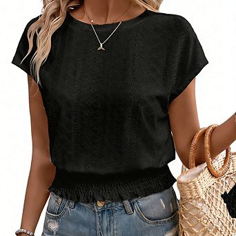 Women's Summer T-Shirt Casual Eyelet-Pattern Short-Sleeve Blouse Round Neck Top
