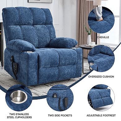 Dual Motor 350LB Chenille Power Lift Recliner 8-Point Vibration Massage Lumbar Heat Cup Holders