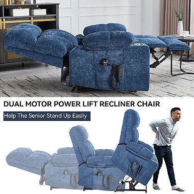 Dual Motor 350LB Chenille Power Lift Recliner 8-Point Vibration Massage Lumbar Heat Cup Holders