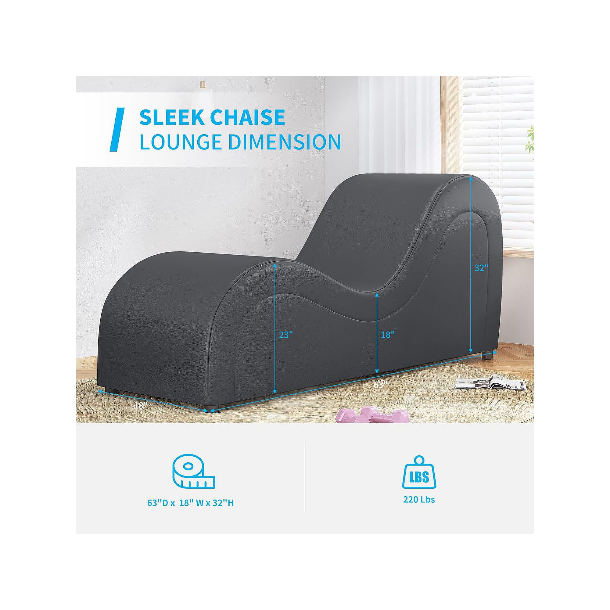 Sleek chaise lounge dimension diagram for dark gray chair