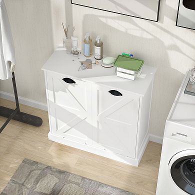 Tilt-Out Laundry Hamper Cabinet with Two Sorting Compartments and Top Shelf Organizer