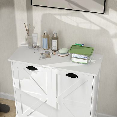 Tilt-Out Laundry Hamper Cabinet with Two Sorting Compartments and Top Shelf Organizer