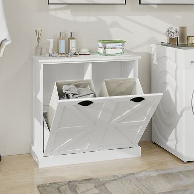 Tilt-Out Laundry Hamper Cabinet with Two Sorting Compartments and Top Shelf Organizer