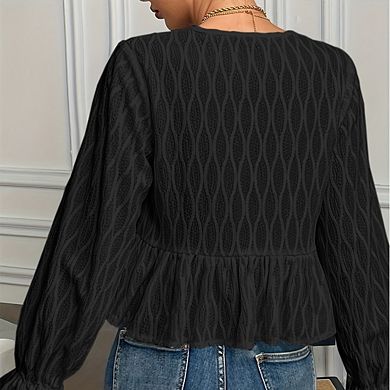 Women's Textured Long-Sleeve Blouse Tie-Front Cutout Top with Bell Cuffs & Peplum Waist