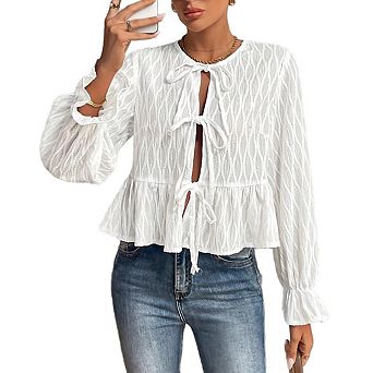 Women's Textured Long-Sleeve Blouse Tie-Front Cutout Top with Bell Cuffs & Peplum Waist