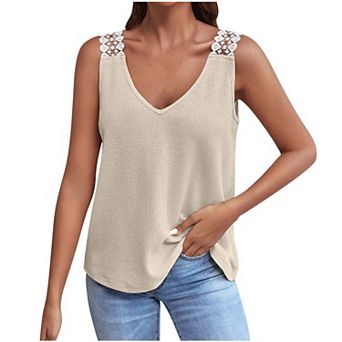 Women's Waffle-Knit Tank Top Lace-Accent V-Neck Sleeveless Blouse Casual Loose-Fit Summer Shirt