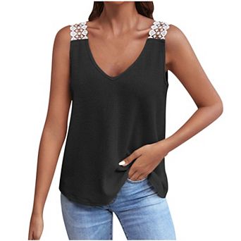 Women's Waffle-Knit Tank Top Lace-Accent V-Neck Sleeveless Blouse Casual Loose-Fit Summer Shirt