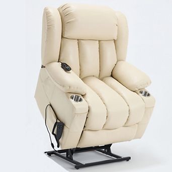 Dual Motor 350LB Leatherette Power Lift Recliner 8-Point Massage Lumbar Heat Cup Holders