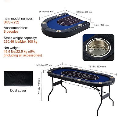 8-Player Foldable Poker Table 72" Oval with Cup Holders and Padding