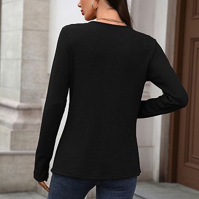 Women's Waffle-Knit Henley T-Shirt Loose-Fit Long-Sleeve Top Casual Button-Front Tee