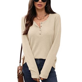 Women's Waffle-Knit Henley T-Shirt Loose-Fit Long-Sleeve Top Casual Button-Front Tee